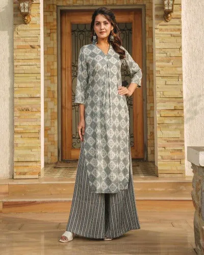 Plus Size Grey Rayon Digital Print Kurti Pant Set Of 2