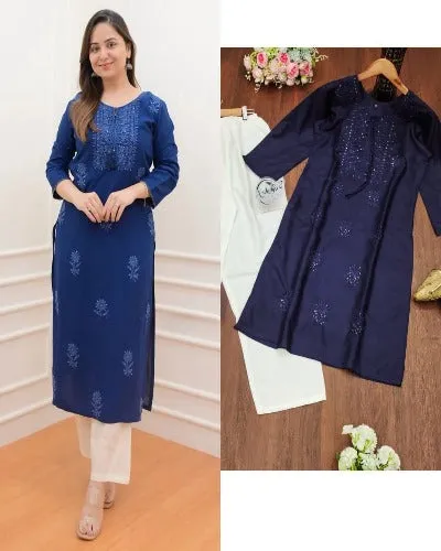 Premium Rayon Embroidery Work Plus Size Kurti Pant Set