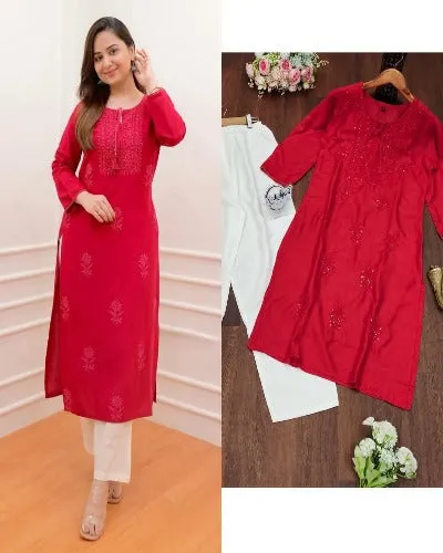 Premium Rayon Embroidery Work Plus Size Kurti Pant Set