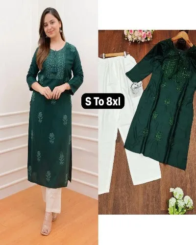 Premium Rayon Embroidery Work Plus Size Kurti Pant Set