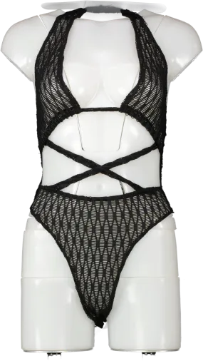 PrettyLittleThing Black Textured Strappy Halter Neck Bodysuit UK 6