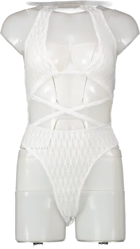 Stylish White Textured Strappy Halter Neck Bodysuit - UK Size 6