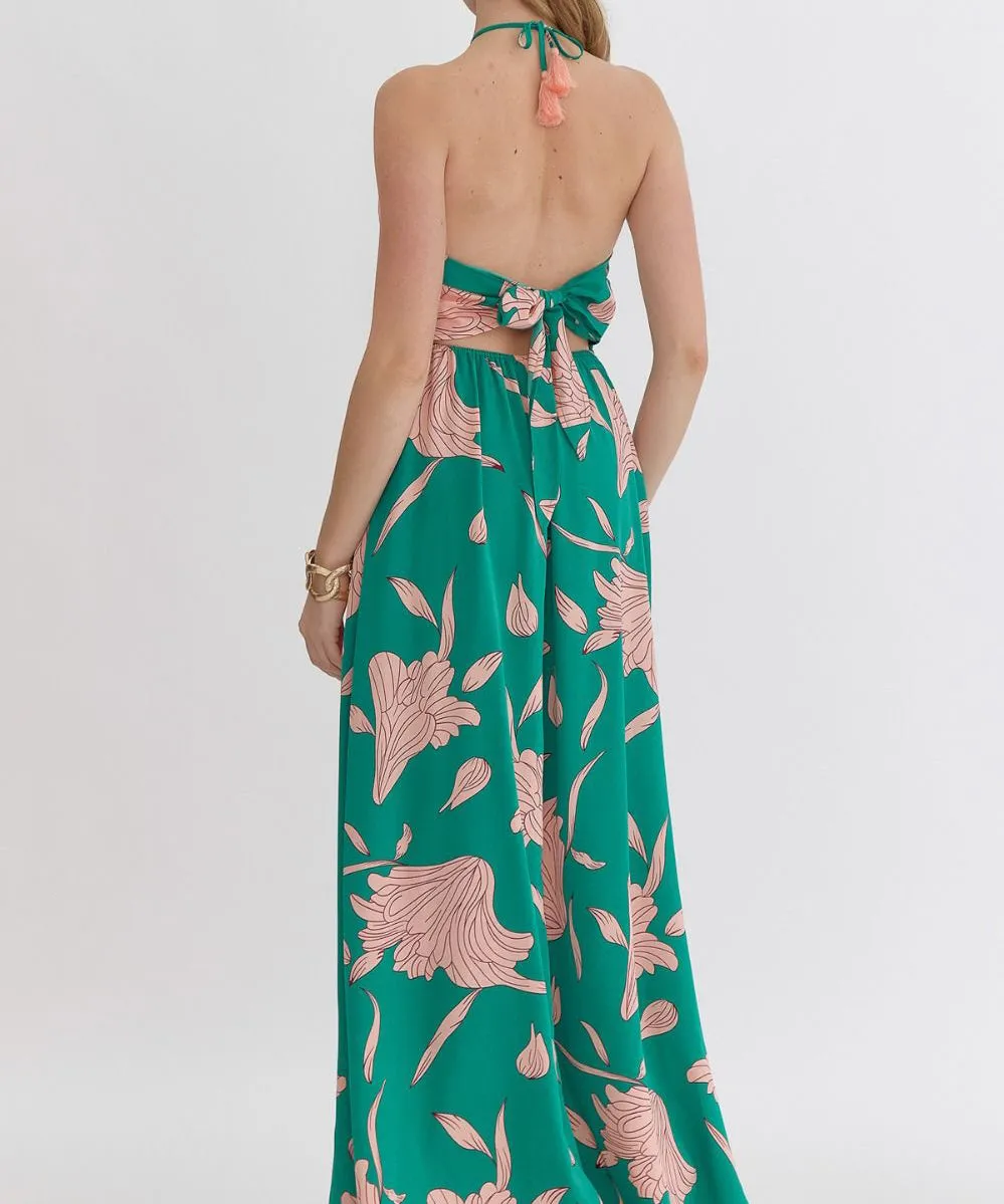 Printed Halter Neck Maxi Dress  Green