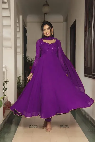 Purple Georgette Long Anarkali Dupatta Set