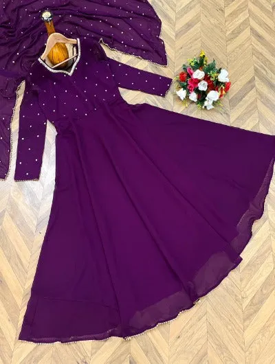 Purple Georgette Long Anarkali Dupatta Set