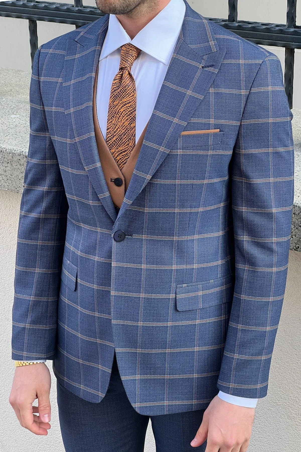 Slim-Fit Plaid Navy blue Wool Combination Suit