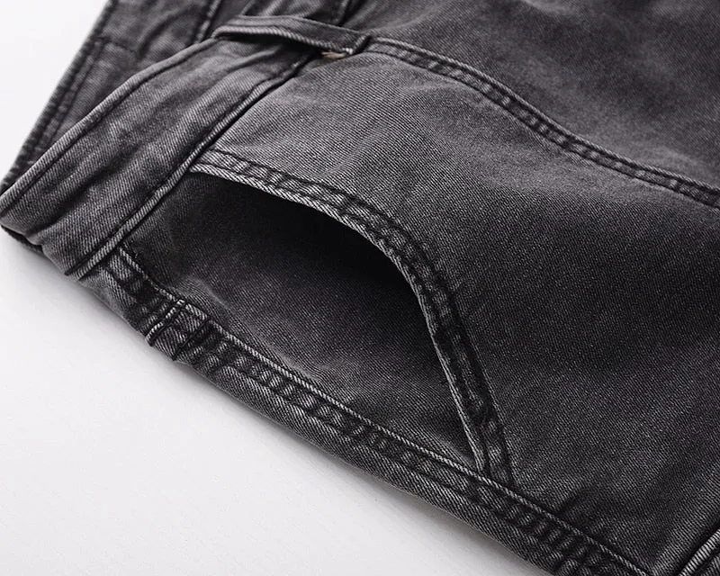 WASHED DENIM CARGO PANTS - BLACK