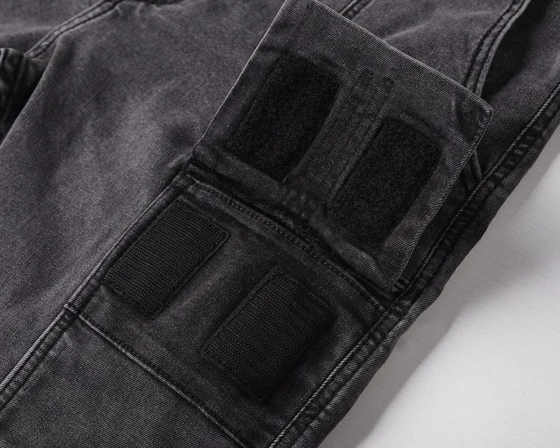 WASHED DENIM CARGO PANTS - BLACK