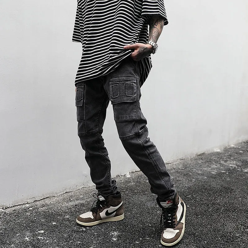 WASHED DENIM CARGO PANTS - BLACK