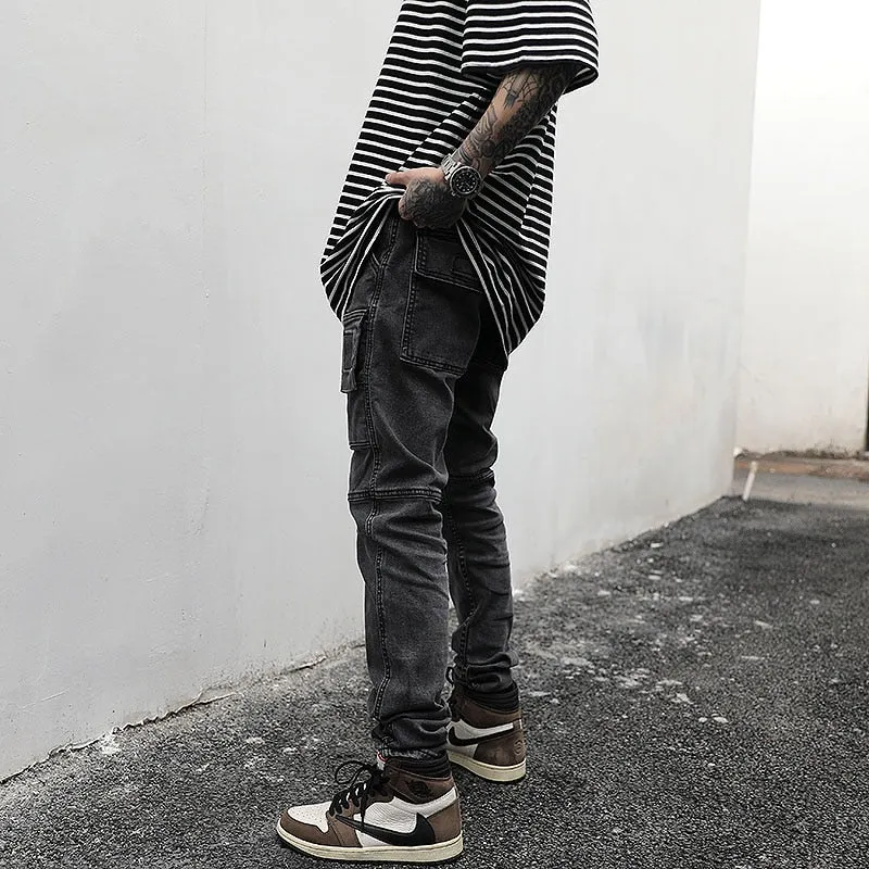 WASHED DENIM CARGO PANTS - BLACK