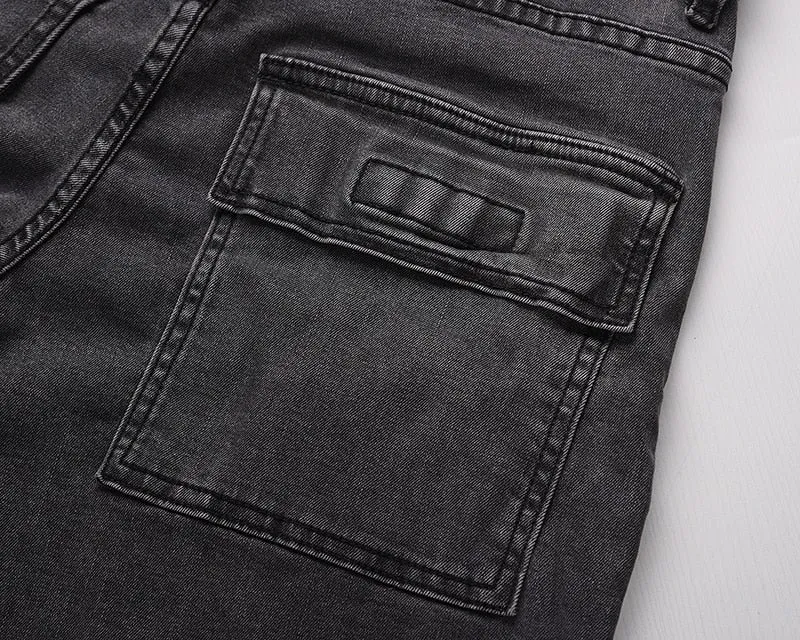 WASHED DENIM CARGO PANTS - BLACK