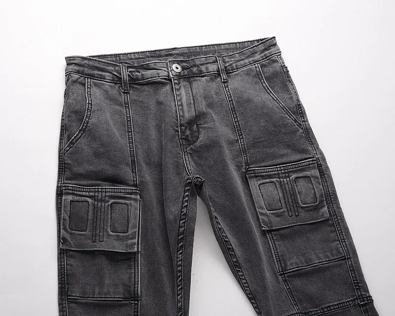 WASHED DENIM CARGO PANTS - BLACK