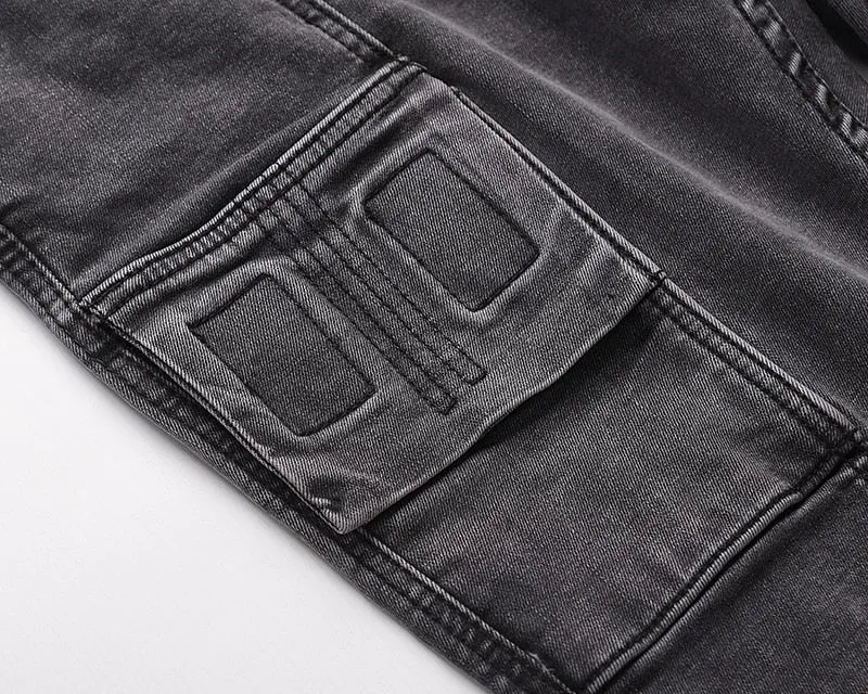 WASHED DENIM CARGO PANTS - BLACK