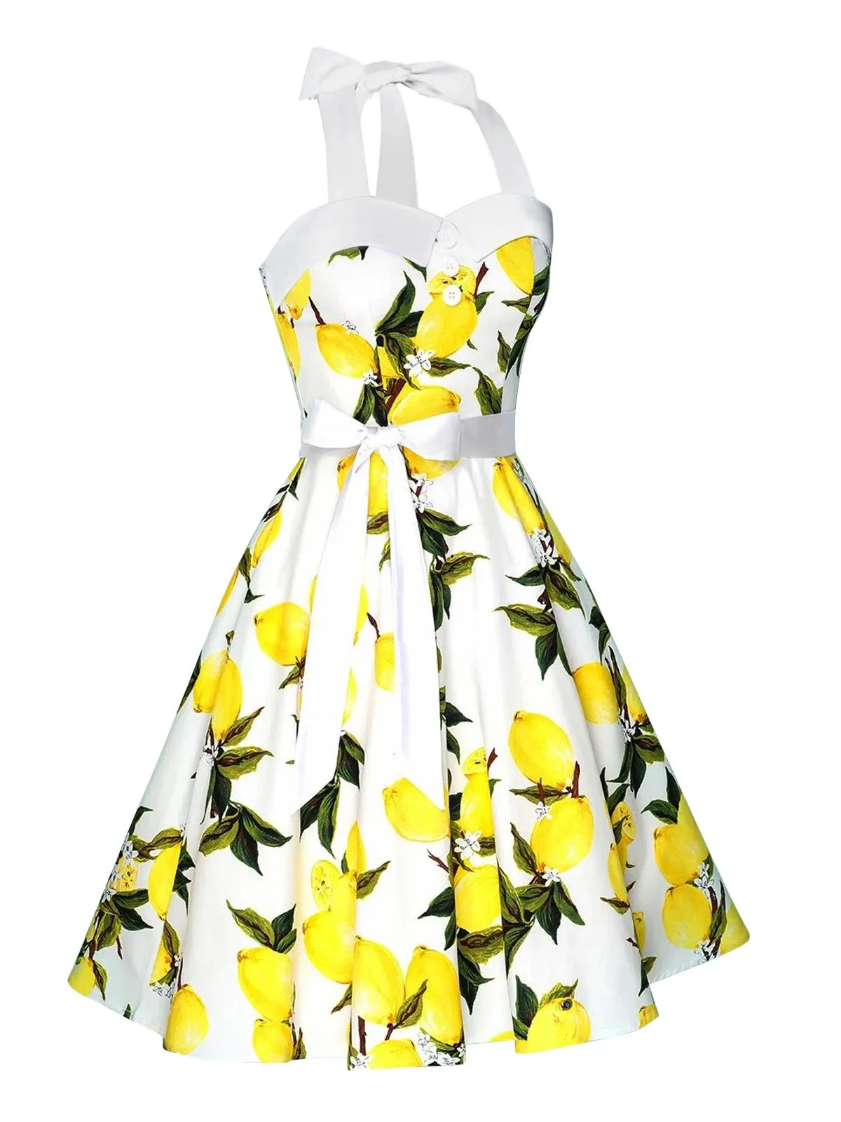 White 1950s Lemon Halter Swing Dress