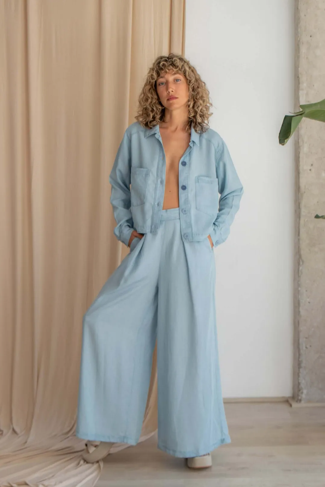 Wide Palazzo Trousers | Pale Denim Blue